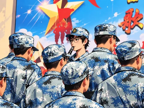 军训合唱中吹奏单簧管的大学生插画