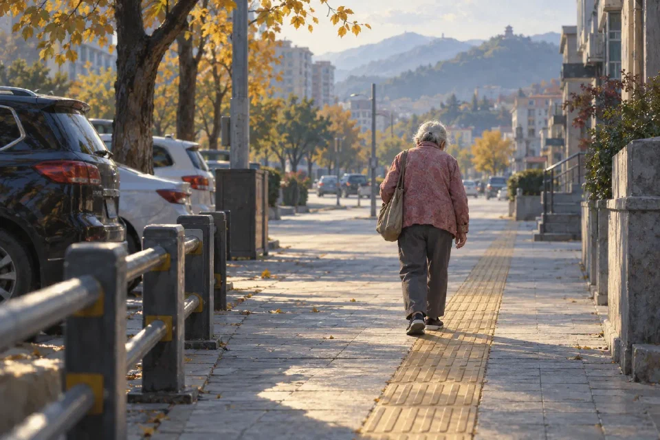 An elderly woman following a tactile path in the morning; AI-generated illustration, not a photograph of the event